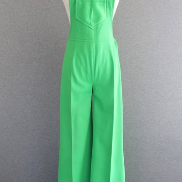 Farm Girl - 1970s - wide Leg -  Mod - Apple Green - Overalls - Estimated size S 