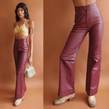 Vintage 70s Oxblood Leather Pants/ 1970s High Waisted Bell Bottoms/ Size Small 27 