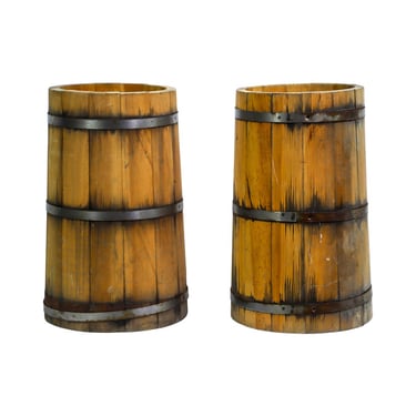 Pair of Basket Ville 14.25 in. Metal Banded Wooden Barrels