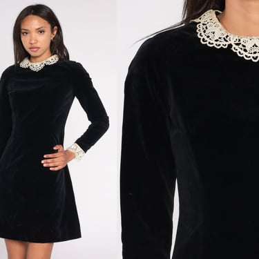 Black Velvet Dress 70s 80s Lace Collar Mini Dress Gothic Lolita Wednesday Addams Long Sleeve Goth Victorian Cocktail Party Vintage Small S 