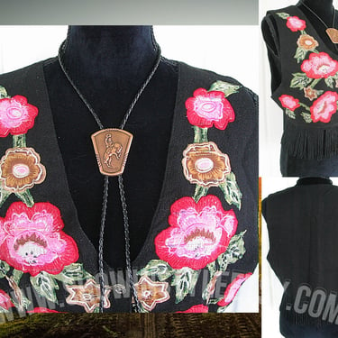 JouJou Vintage Western Women's Cowgirl Vest, Bold Pink Embroidered Flowers & Leaves, Black  Fringe, Tag Size Large (see meas. photo) 