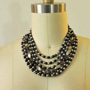 Vintage Mid Century Gray Taupe gold Lucite Beaded Six (6) Strand Choker Necklace Japan / Triple Necklace 