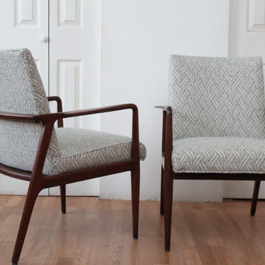 Stow Davis Pair Walnut Mid Century Modern Lounge Chairs Blue White