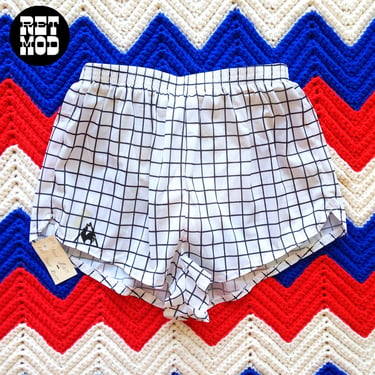 DEADSTOCK Vintage 80s Black White Grid Patterned Running Shorts by Le Coq Sportif 