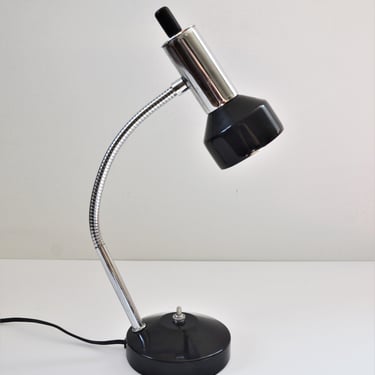 Mid Century Italian Modern Black & Chrome Gooseneck Small Desk Task Lamp 