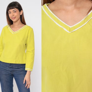 60s Chartreuse Yellow Blouse Young Edwardian Shirt Long Sleeve V-Neck Top Vintage 1960s Retro Ringer Neckline Bright Medium 