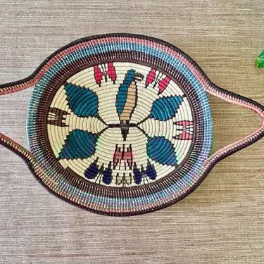 Vintage Handwoven Coiled Wicker Basket Tray with Bird Design & Handles 