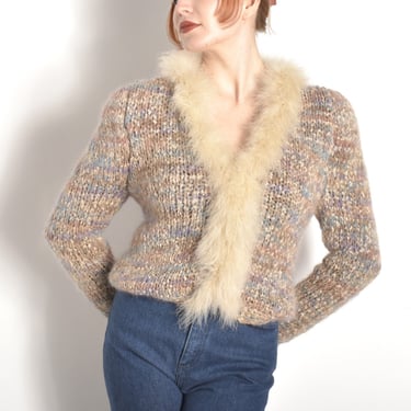 Vintage 1980s Sweater / 80s Estelle Gracer Feather Trim Cardigan / Pink ( medium M ) 