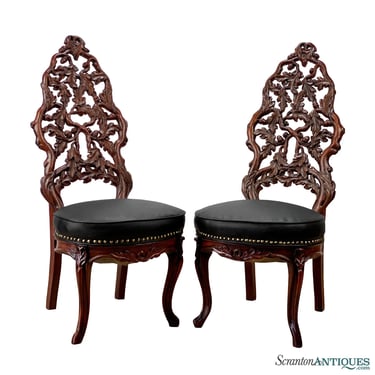 Antique German Black Forest Walnut Heavily Carved Chairs - A Pair