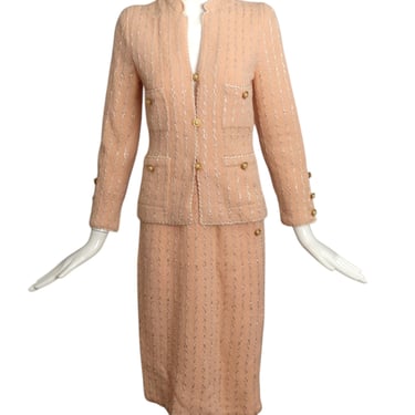 ADOLFO- 1970s Peach Wool Knit Skirt Suit, Size 8