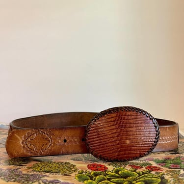 Vintage 90s Brown Genuine Leather Tooled Woven Buckle Western Belt - Medium 