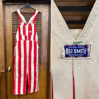 Vintage 1960’s w32 “Big Smith” Red x White Stripe Denim Mod Pop Art Overalls, Jeans, Original, 60’s Vintage Clothing 