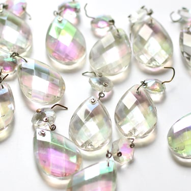 Forty Vintage Aurora Borealis Chandelier Crystals - Faceted Glass Teardrop Pendalogue - 1.5” 