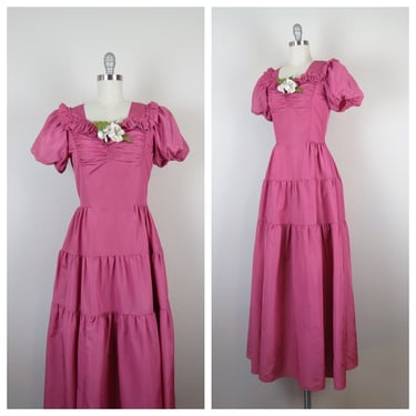 Vintage 1940s dress formal gown maxi tiered taffeta millinery flowers corsage puff sleeves 