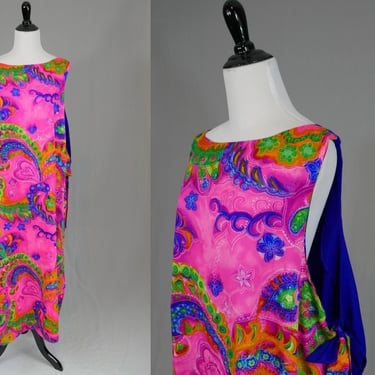 60s 70s Strange Vintage Side Tie Dress - Two Panel Smock Overdress Open on Sides - Pink Blue - Vintage 1960s 1970s - One Size or Plus 