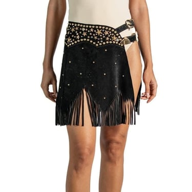 2000S Black Gold Suede Stud Fringe Skirt 