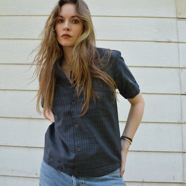Vintage blue checkered top / vintage utility top / vintage European top / vintage unisex top / vintage shirt / vintage androgynous shirt 