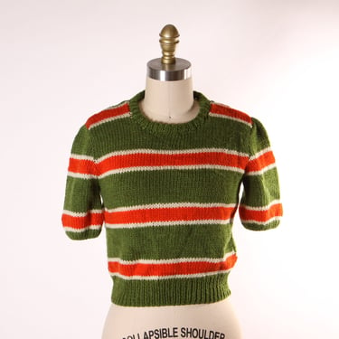 1950s 1960s Green, White and Orange Striped Knit Cropped Sweater -S 