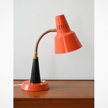 Vintage 1960s Orange Table Lamp | Retro Metal Desk Light with Adjustable Brass Arm | Mid-Century Modern Design 