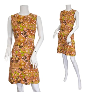 1960's Brown Green Paisley Print Cotton Twill MOD Scooter Dress I Sz Med 