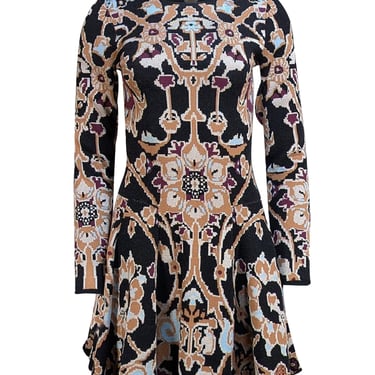 Ronny Kobo - Black, Tan, Blue, & Maroon Print Drop Waist Knit Dress Sz M