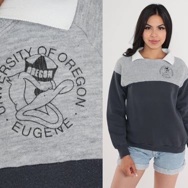 University of Oregon Sweatshirt 80s Collared Sweater Grey Color Block Striped Eugene Ducks Graphic Shirt Vintage 1980s College House Small 