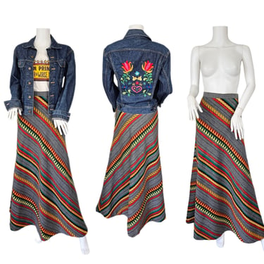 1970's Grey Rainbow Striped Long Maxi Skirt I Sz Med I Chevron Stripes 