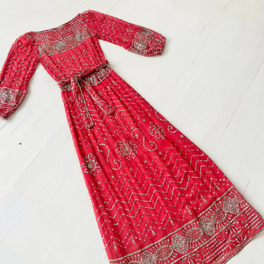 1970s Lillie Rubin Rust Red Silk Chiffon + Silver Sequin Maxi Dress 