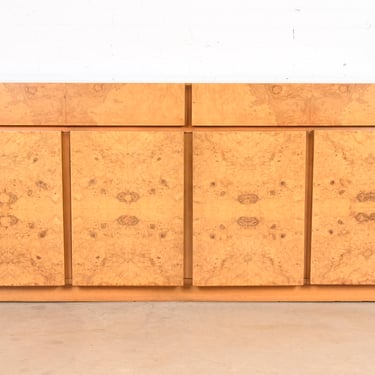 Milo Baughman Style Burl Wood Sideboard, Credenza, or Bar Cabinet, Newly Refinished