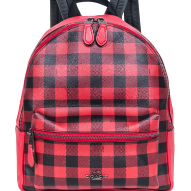 Coach - Red & Black Gingham Print Medium Charlie Backpack