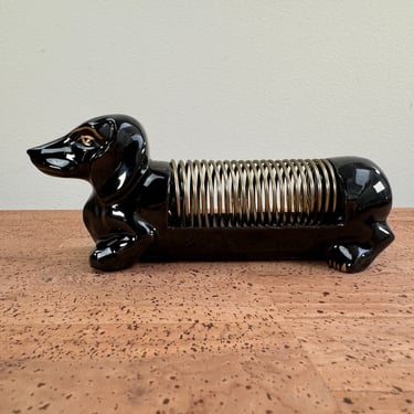 Vintage Ceramic Dachshund Letter and Pen Holder | Gold Detail | Coil Body | Japan 