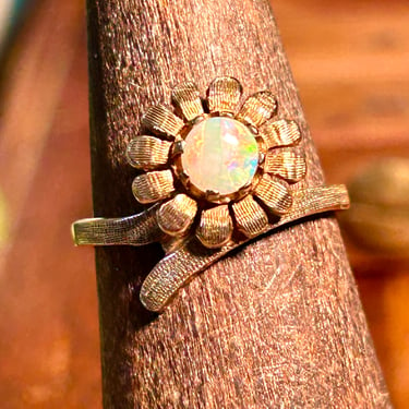 Vintage 10k Gold Opal Ring Floral Retro Gift Mid Century Fine Estate Jewelry 
