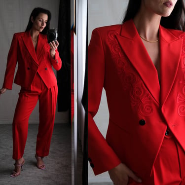 Vintage 90s ESCADA Lipstick Red Gabardine Bolero Pant Suit w/ Baroque Embroidery | Made in Germany | 100% Wool | 1990s ESCADA Designer Suit 