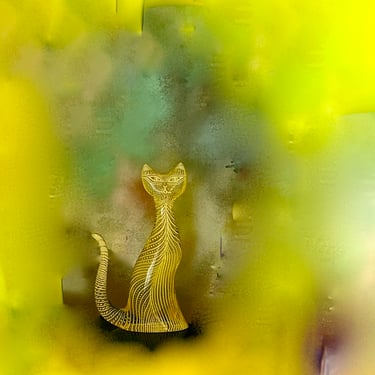 Vintage Tall 8" Vinyl  Decorative Yellow Colored Standing Cat Designed By Abraham Palatnik 