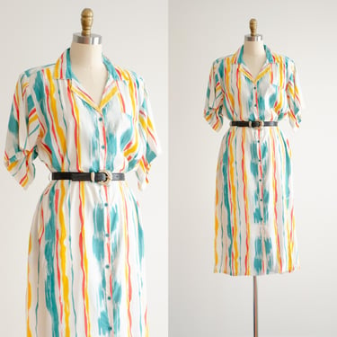 oversized midi dress 80s vintage white green yellow red button down dress 