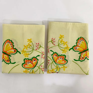 Vintage Tastemaker Floral Pillowcases Set of 2 Pair Butterflies Yellow Cotton Fabric JP Stevens Marlene Designs 1970s 70s 