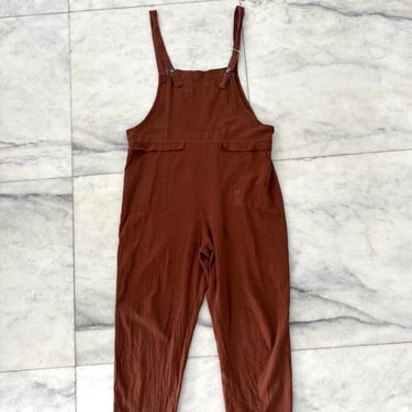 Women’s Vintage Overalls Bib Brown Linen Blend Pocket Womens Large Farm Cottage 