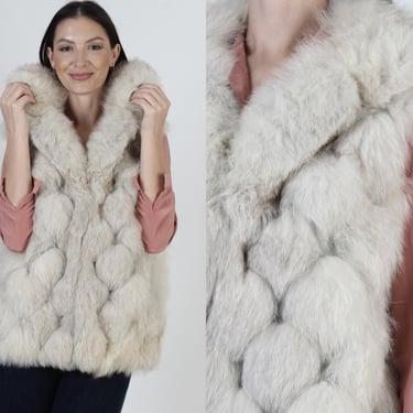 Patchwork 80s Fox Fur Vest, Leather Arctic White Ski Jacket, Diamond Chubby Winter Overcoat 