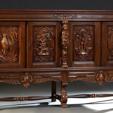 Sideboard, Cabinet, Spanish Renaissance Style Carved Oak Sideboard, Vin, 20th C.