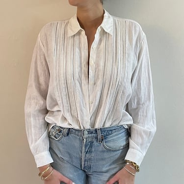 90s linen blouse / vintage crisp white Irish linen pin tuck fagoting detail collared button down shirt blouse tunic | Extra Large 