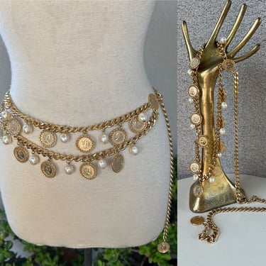 Vintage 80s chain belt gold tones Queen Elizabeth coins faux pearls double strands  S/M 