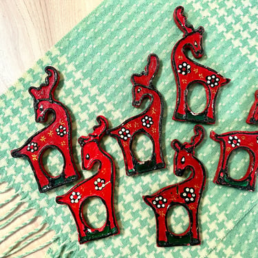 Vintage Red Reindeer Napkin Rings, Christmas Napkin rings, Set of 6 