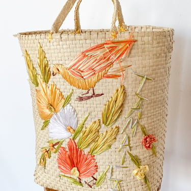 AS IS Vintage Floral Straw Basket Bag