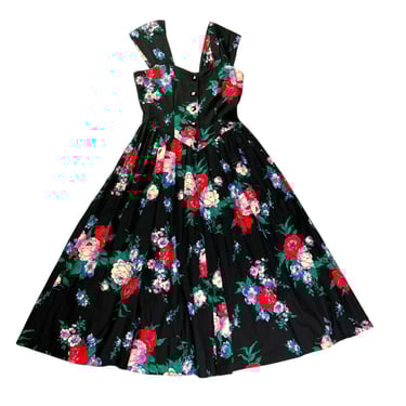 Vintage Miss Oops California Black Retro Floral Print Swing Pin Up Dress Pockets 