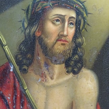 Antique 1800's Retablo, Jesus Christ Wearing Crown of Thorns,  Framed Original Oil Painting on Tin, Vintage Religious Folk Art 