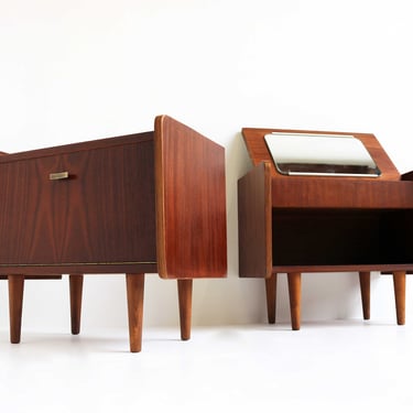 Pair of Midcentury Modern Teak Veneer Nightstands with White Formica Tops Mirror Scandinavian 60  Bedside Table Additional Side Table Danish 