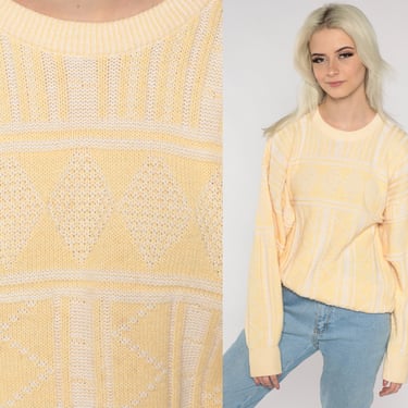 Yellow Knit Sweater 80s Geometric Pastel Sweater Jacquard Print 1980s Vintage Knitwear Pullover Spring Sweater Retro Cozy Kawaii Large L 
