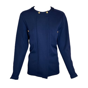 Chanel Navy Blue Wool Knit Blouse w/ Logo Buttons