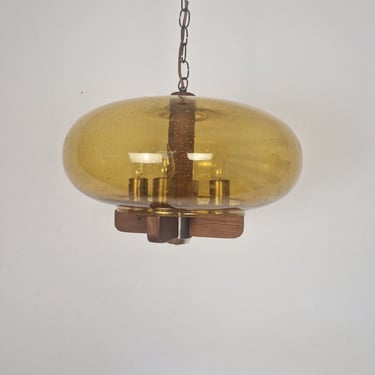 Vintage Midcentury Modern Pendant Light / Chandelier Lighting / Retro Home Decor / Yellow Glass Bubbles Lamp /  Hand Blown Glass / 1970s 