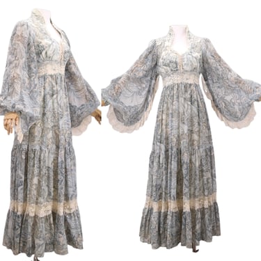 70s GUNNE SAX fairy print prairie maxi dress gown 11  / vintage 1970s nymph goddess peasant lace up dress  RARE 